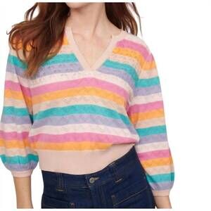 NEW &ISLA peace stripe v neck sweater in mango multi